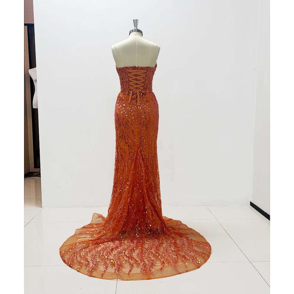Orange Sparkle Crystal Sequin Mermaid Gown - close-up view