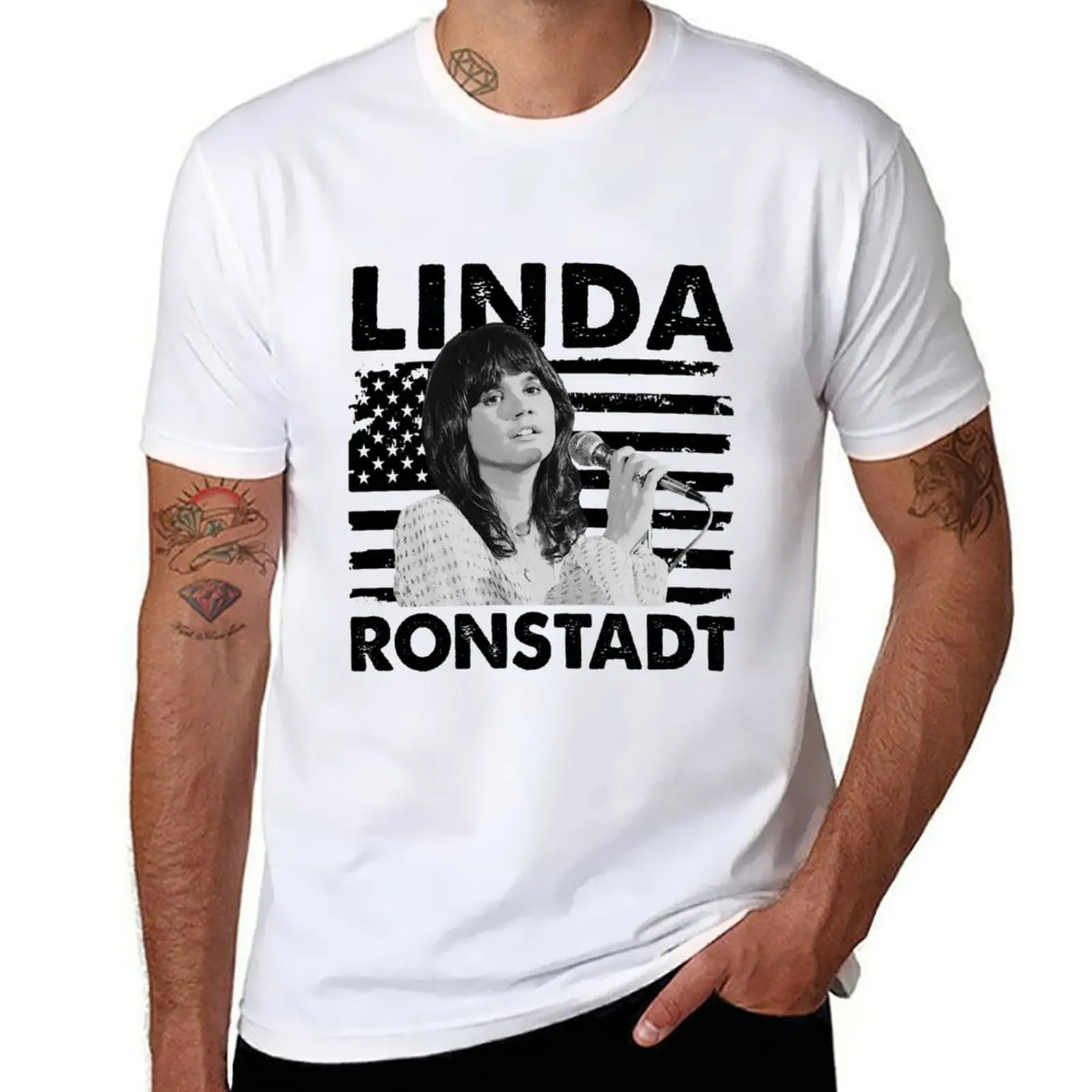 

Retro American Flag Linda Ronstadt Music Gift T-Shirt black cotton t-shirt plain for man package T-Shirt