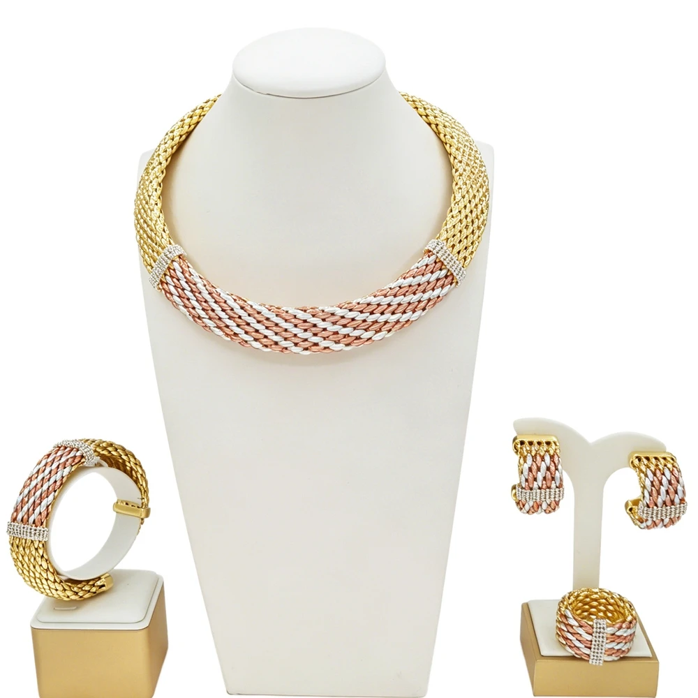 Trendy Twisted Braided 3‑Tone Brazil Gold Jewelry Set Necklace Bracelet Ring Earrings Women Statement Party Jewellery