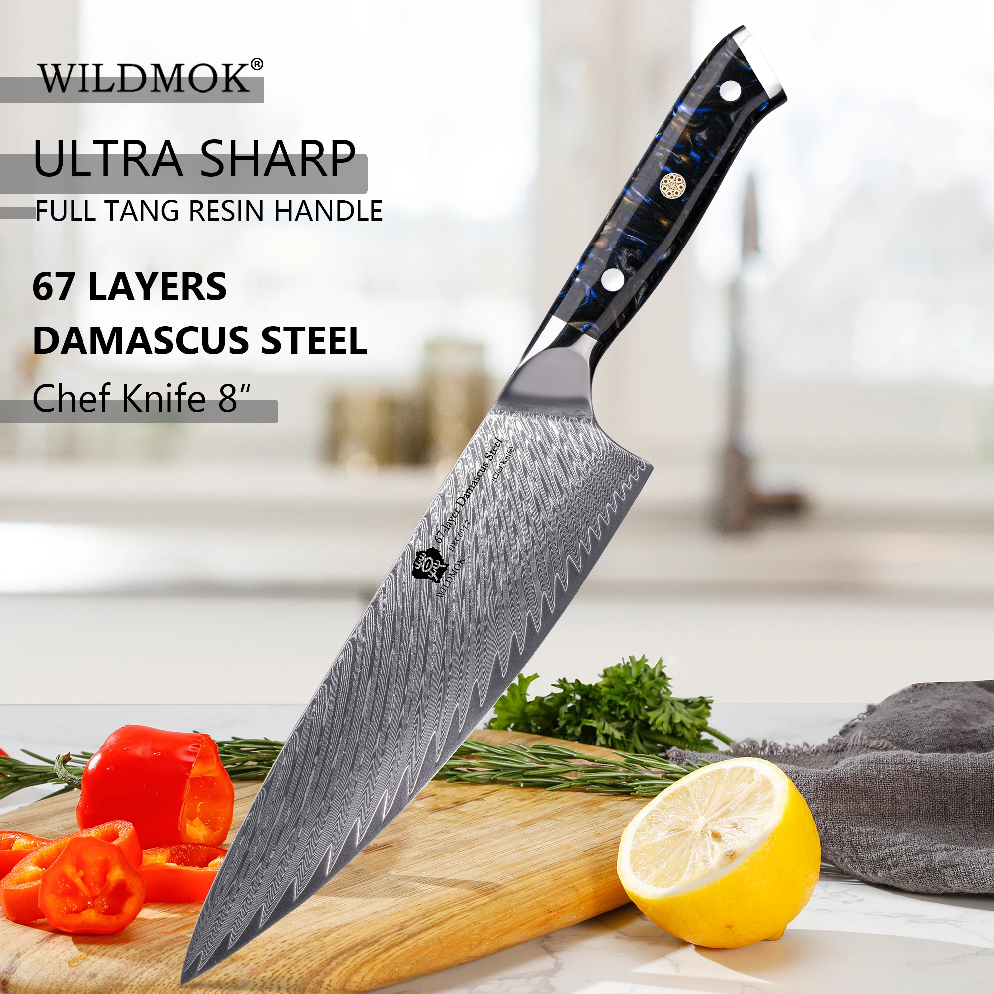 WILDMOK 8 Inch Damascus Chef Knife VG10 Steel Resin Handle Multipurpose Kitchen Cooking Knife Use
