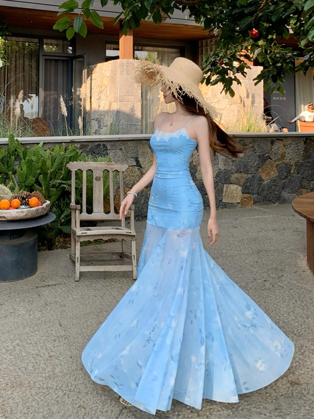 

Blue Sexy Strapl Dr Beach Vaion Floral Lace Long Slim Fit Fi Tail Skirt Women's Clothing Summer High Waist Soft Me