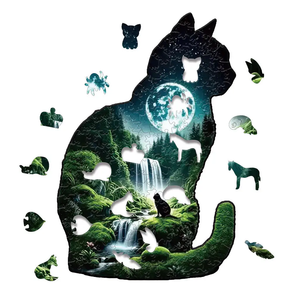 Wooden Animal Jigsaw Puzzles Unique Irregular Shape Cat Owl Landscape Wood Puzzle for Adults Kids DIY Educational Toy Gift