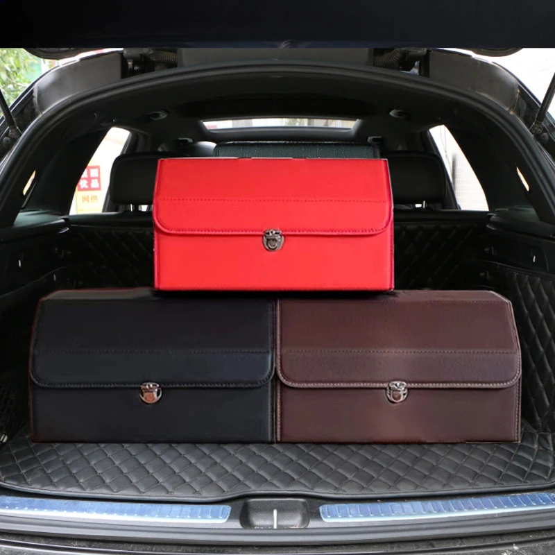 

Car Trunk Organizer Storage SUV Leather Collapsible Cargo Organizer Bag Folding Car Trunk Large Storage Box With Metal Buckle