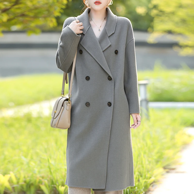 Autumn and Winter New High-End Double-Breasted Coat Women's Long Loose Overknee 100%Wool Coat Korean Style Versatile Trench Coat