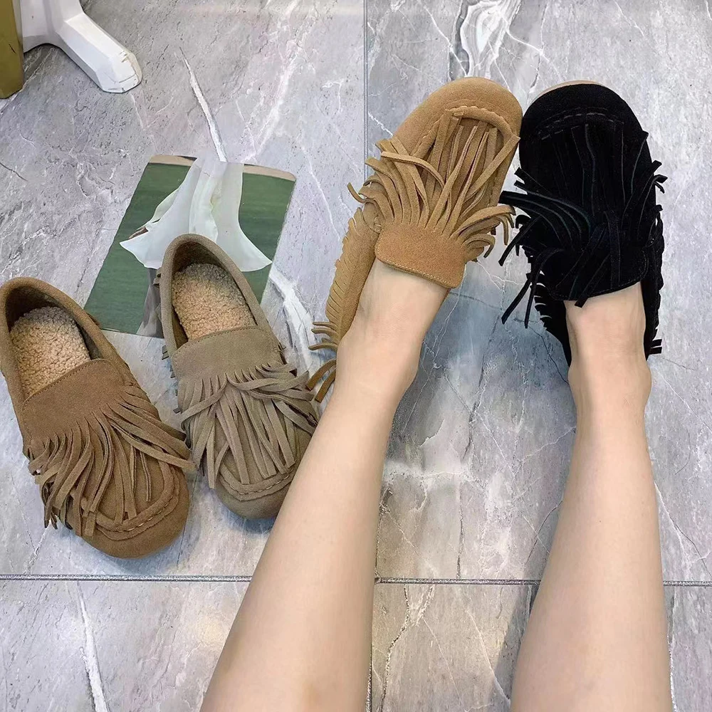 Winter Warm Fur Flat Shoes Antislip Women Loafers Plus Size Casual Female Mullers Tassels Fashion Leather Plush Women Shoes