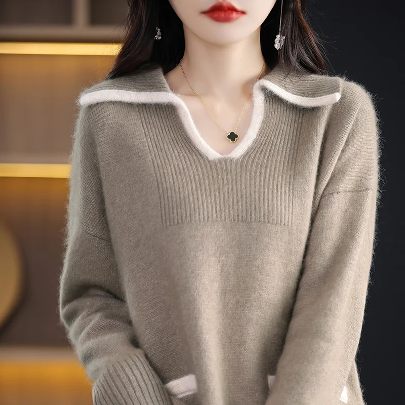 Cashmere Sweater Women\'s 100% Pure Mink Cashmere Women\'s Pullover V-neck Knitted Sweater Korean Fashion Underlay Loose Top