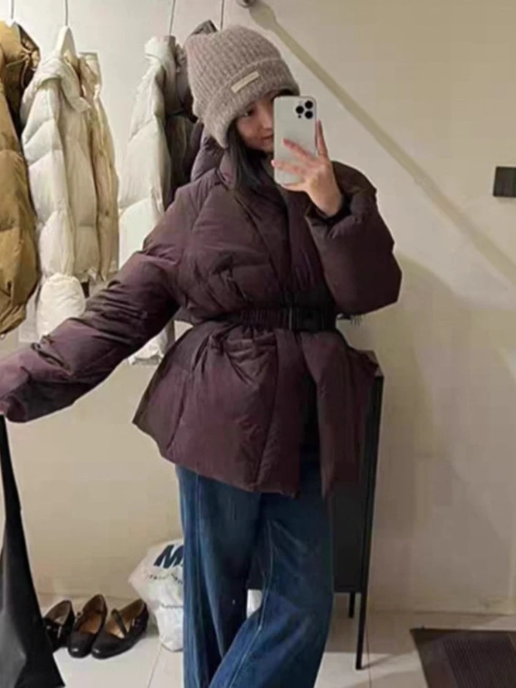 2025 New Down Jacket Winter Belt Waist-Tight Elegant Warm 90% White Duck Puffer Coat Female Mid-Length Solid Color V-Neck Parkas