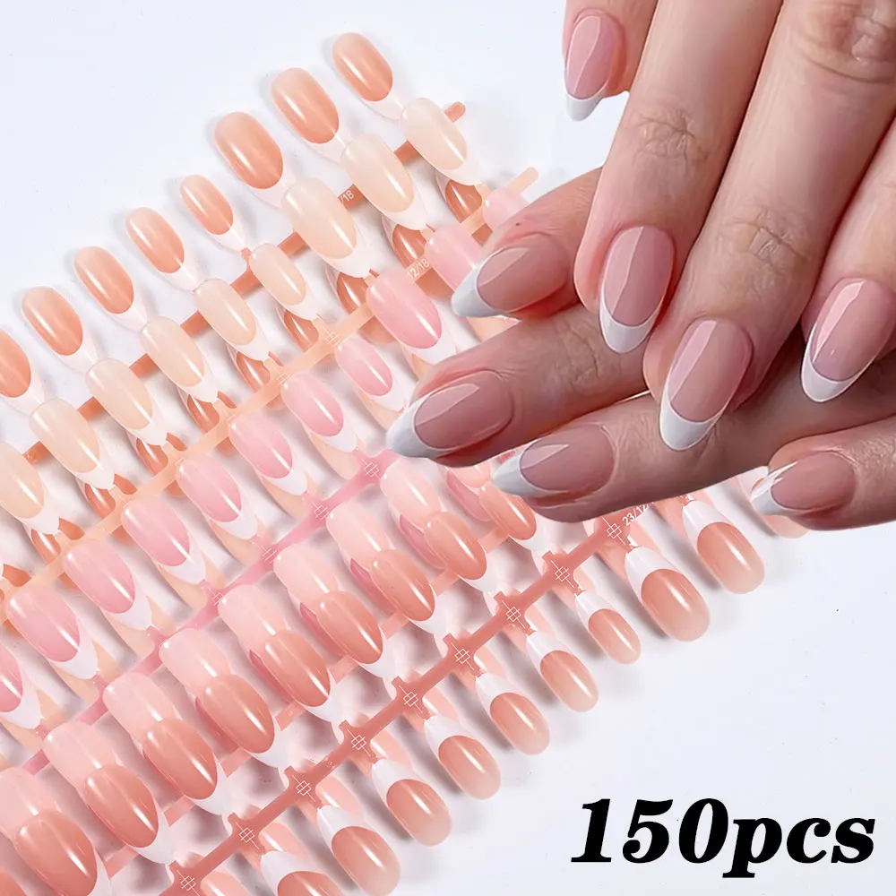 150pcs Glossy Almond White French False Nails Pre-made Nude/Pink Medium Almond Press On Nails 5 Sheet 15size Artificial Nail Tip