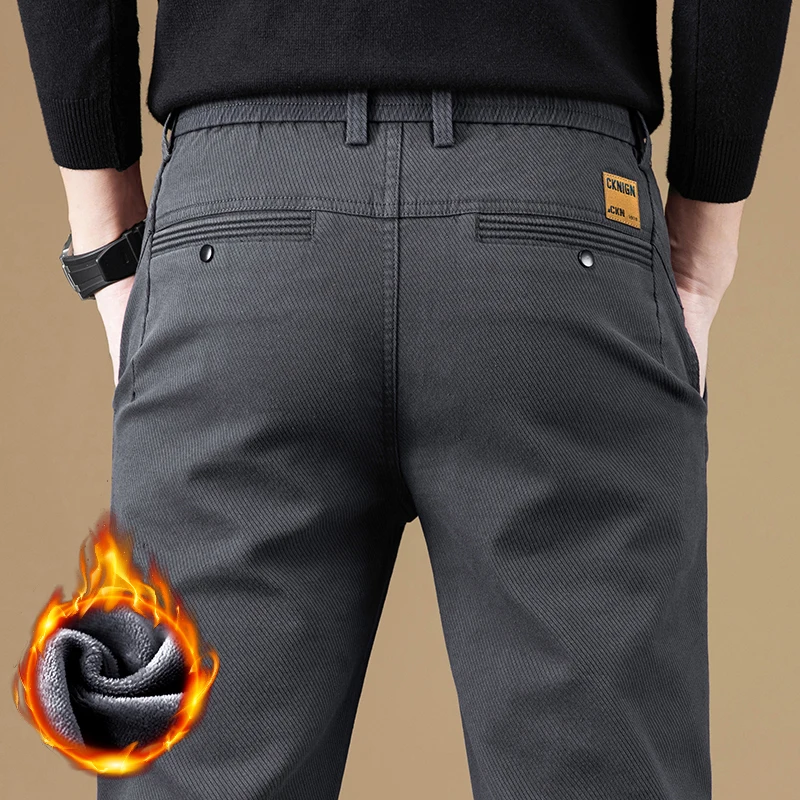

Winter Fleece Men's Pants Slim Straight Comfortable Elastic Thicken Warm Gray Trousers Fashion Korean Male Plush Velvet Clothes