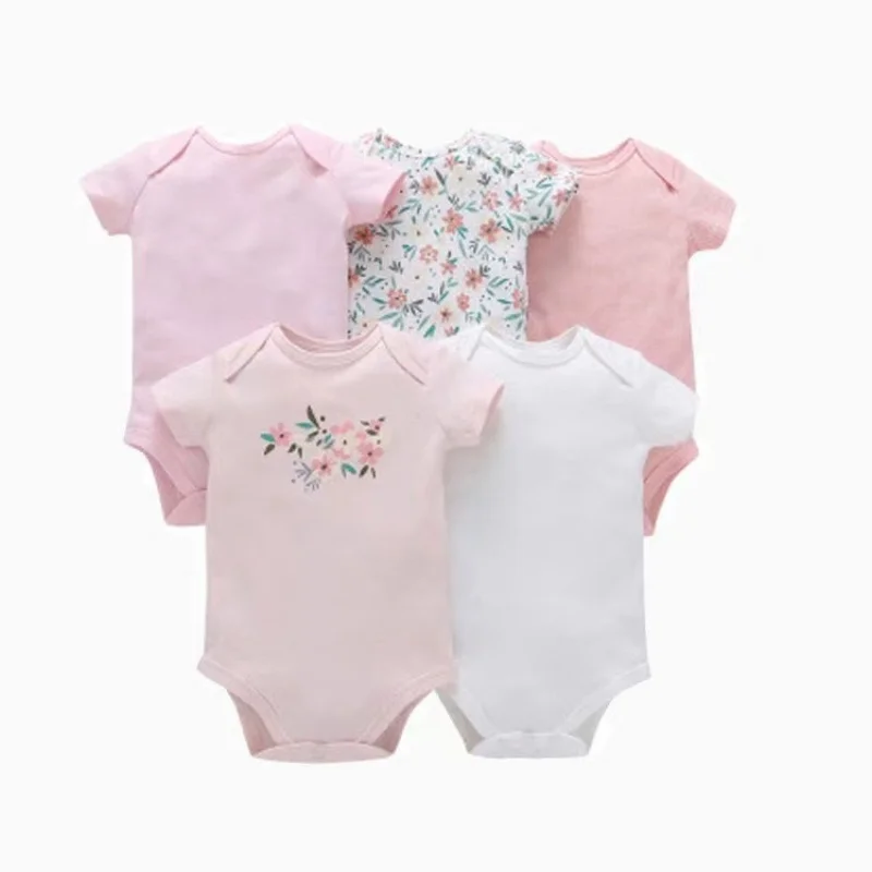 Newborn Boys Romper New Summer Girl Bodysuit Clothing Soft Baby Clothes Jumpsuits Cotton Set Cartoon Print Solid Color Bebe 5Pcs