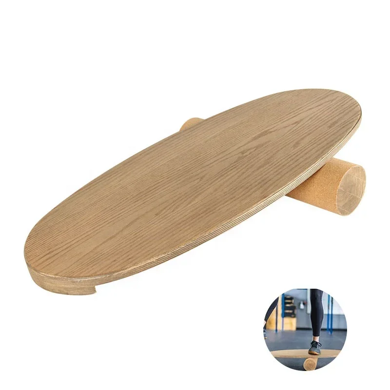 Custom Exercise Fitness Wooden Balance Board Trainer With Cork Roller Waist Training Board Yoga Core Balance Board