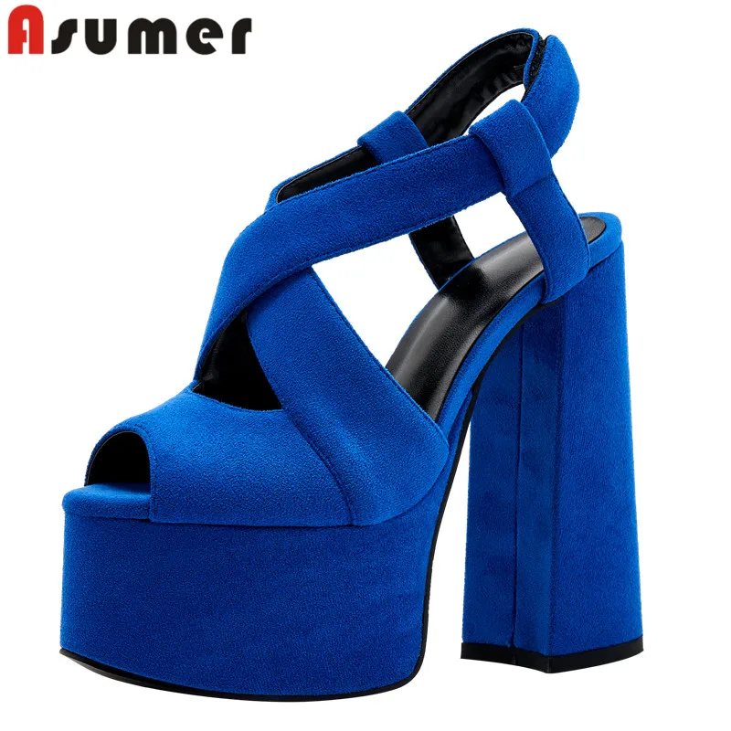 

ASUMER 2023 Size 34-43 New Peep Toe Flock Shoes Office Ladies Slingbacks Platform Sandals Thick High Heels Sandals