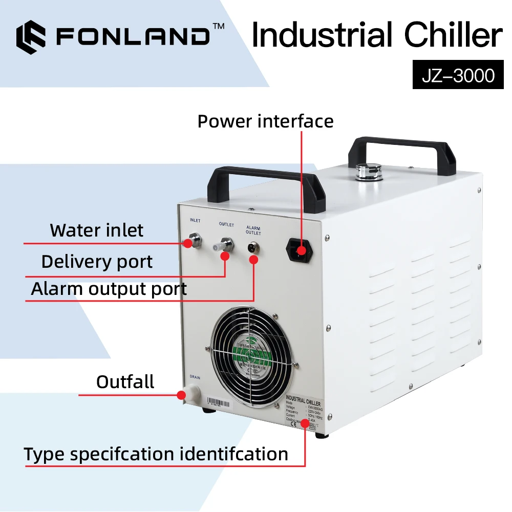 FONLAND JZ-3000 DG110V AG220V Industrial Water Chiller for CO2 Laser Engraving Cutting Machine Cooling 60-80W Laser Tube