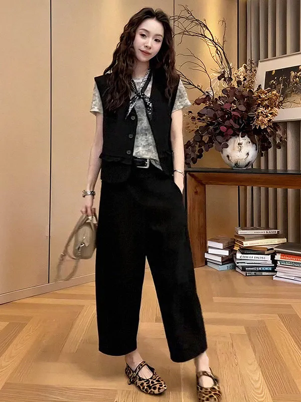 

Slimming Effect Three-Piece Set Women's Simple round Neck Short Sleeve Loose Versatile Tank Top Pants Fashionable Summer Outfit