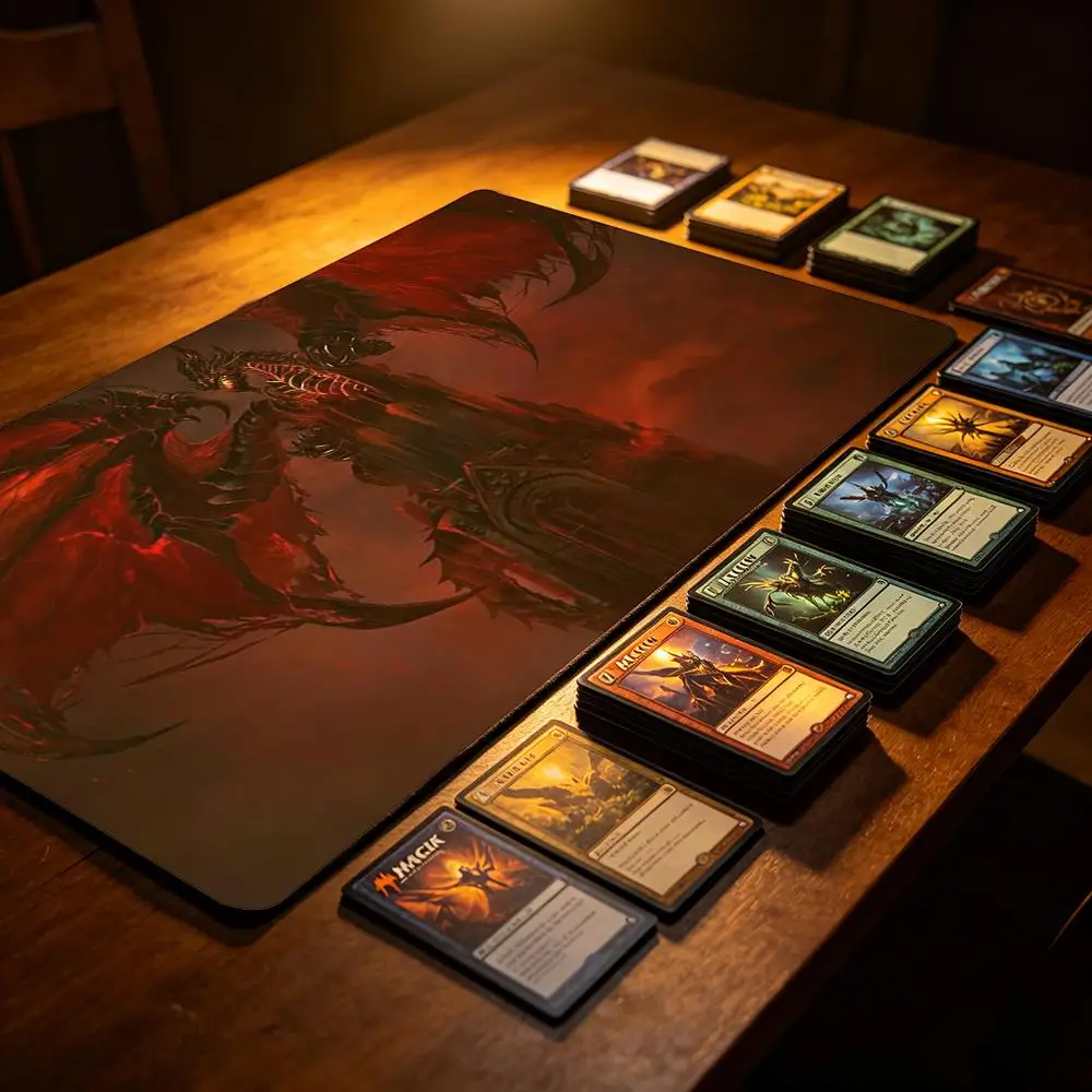Red Flame Skeleton Dragon TCG Playmat, Non-Slip Rubber Large Table Mat, Stitched Edge Desk Pad for Trading Card Game Gaming