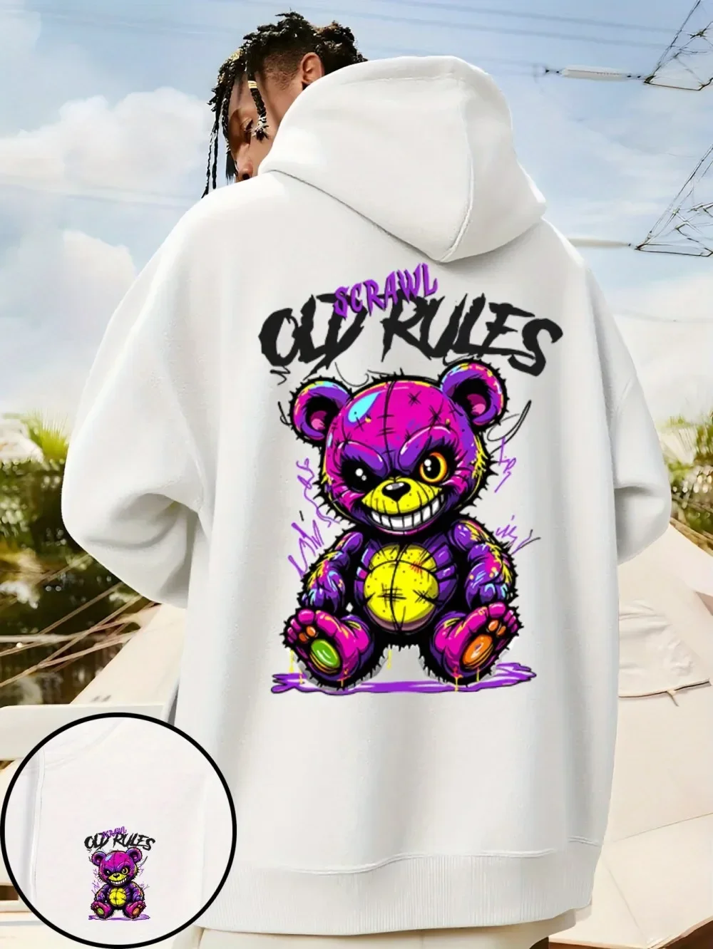 Evil Teddy Bear Hoodie, Unisex-Kapuzenpullover mit Kordelzug, Graffiti Old Rules Scrawl Bear Vorder- und Rückseiten-Print, Streetwear-Pullover – Detail 8