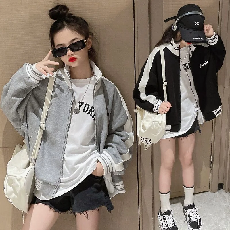 2023 New Fall Baseball Jacket Spring Girls Cartoon Letter Print Coats Kids Fashion Sport Outerwear Children\'s Clothing 4-14 Year