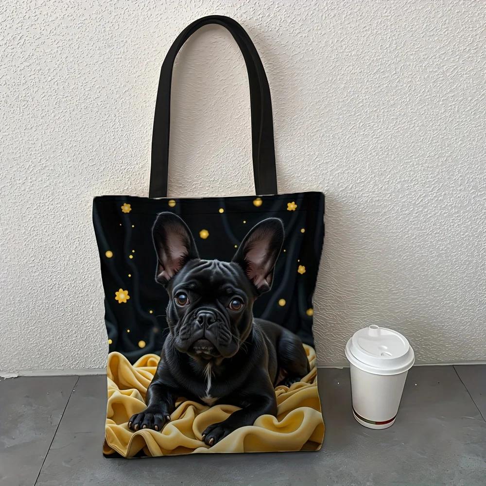 1pc French Tote Bag Cute Frenchie Dog Design with Yellow Blanket Print Durable Handbag for Shopping Gift for Dog Lovers Pouch