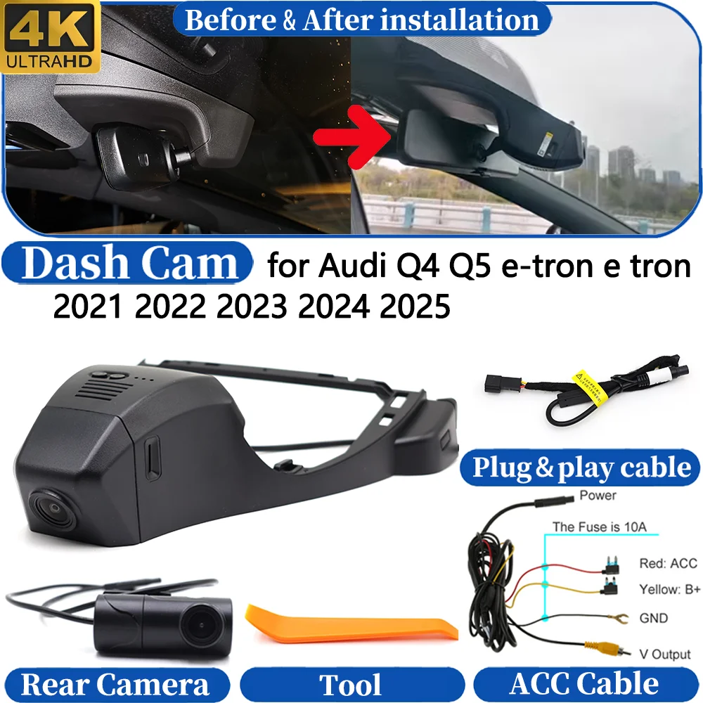 Cámara para salpicadero para Audi Q4 Q5 e-tron e tron 2021-2025, frontal y trasera, DVR 4K, grabadora de vídeo, Plug and Play