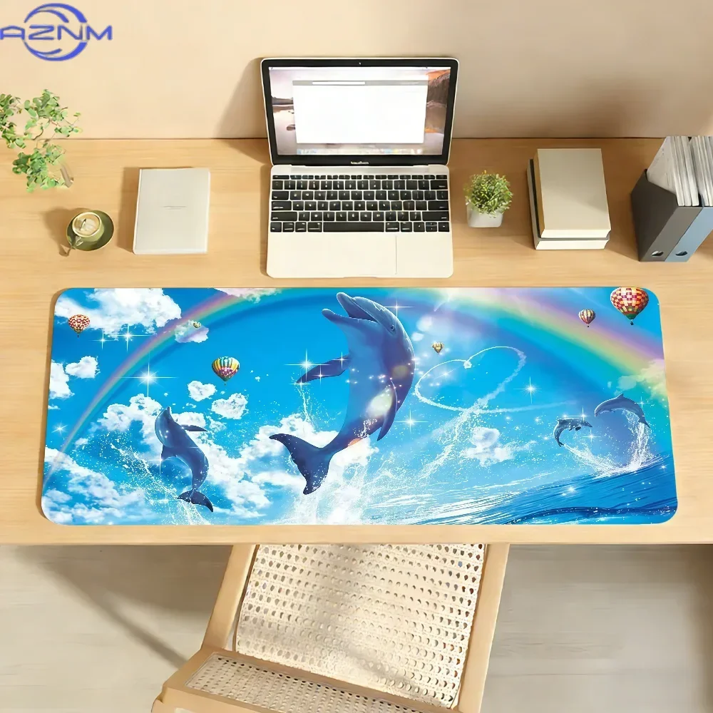 Rainbow Dolphin Ocean Large Mouse Pad, Blue Sky Sea Animal Non-Slip Lock Edge Desk Mat