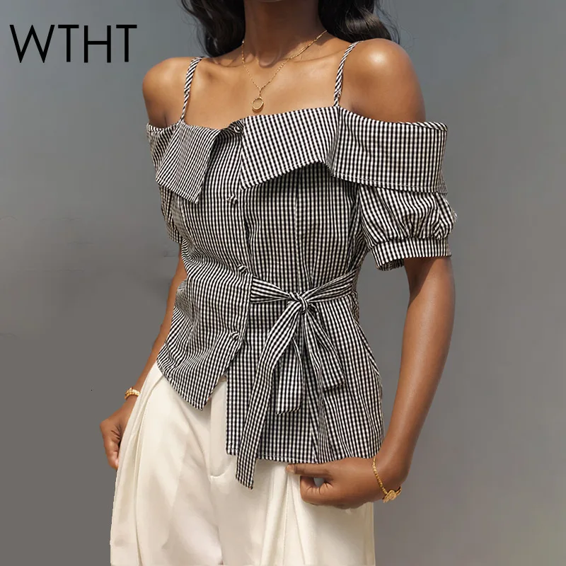 

WTHT New Trendy Women's Irregular Plaid Sling Shirt 2025 Summer Fashion Single Breasted Bows Blouse Female 1LS1904