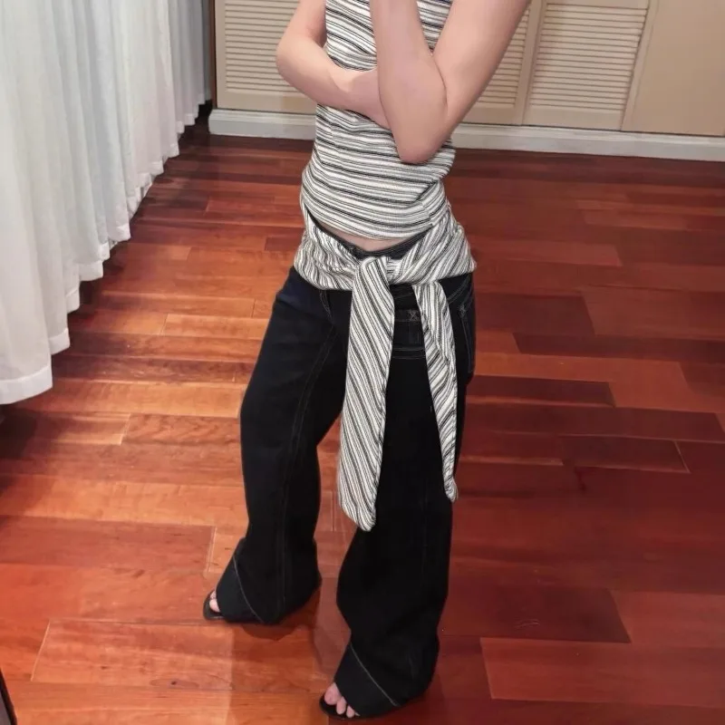 American-style Vintage Women's Jeans Low-waist Black and Gray with Fine Stitching Pocketed Tight-fitting Sexy Slim Flared Pants