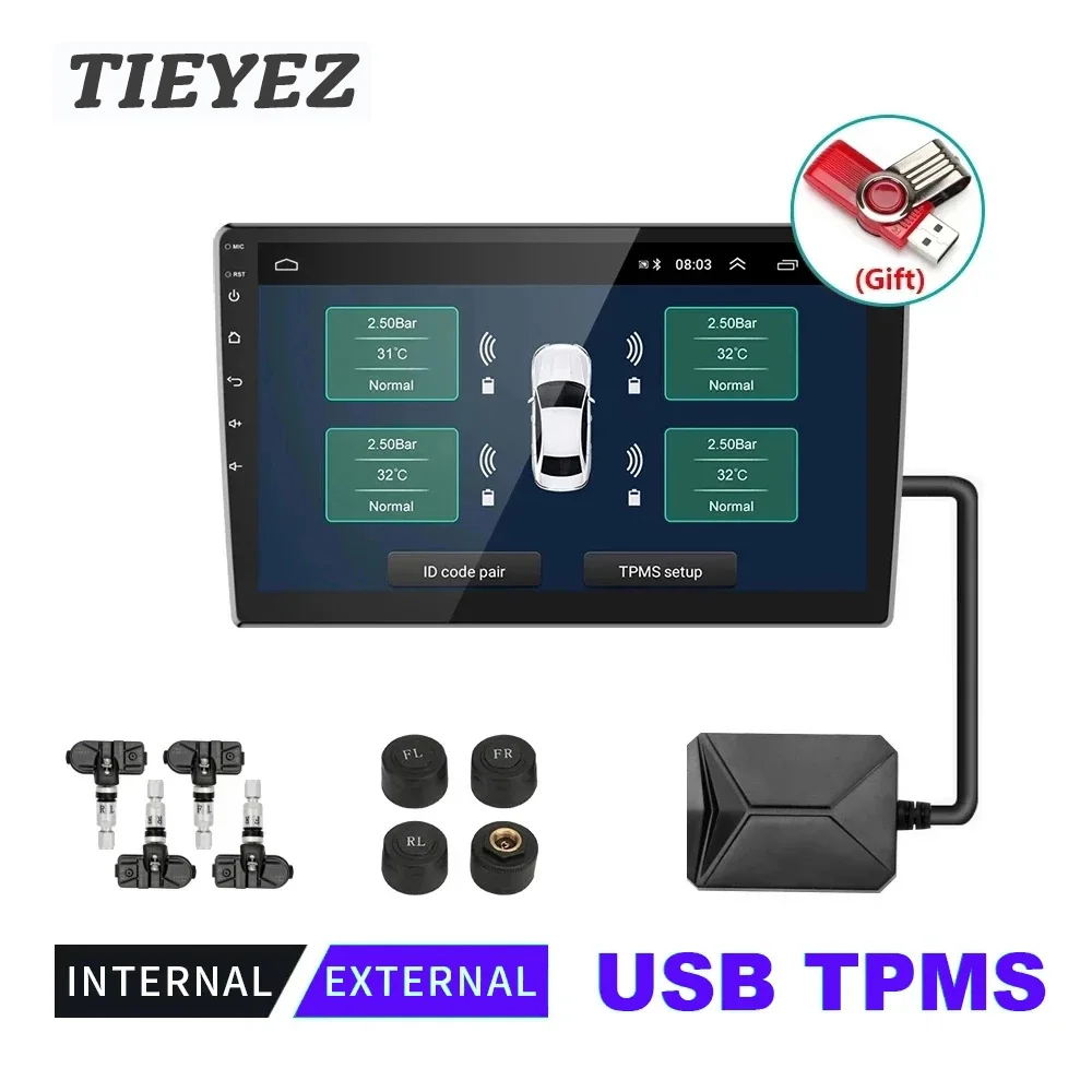 

Система контроля давления в шинах TPMS с USB, запасной внутренний и внешний датчик давления в шинах для автомобиля, радио, DVD-плеера