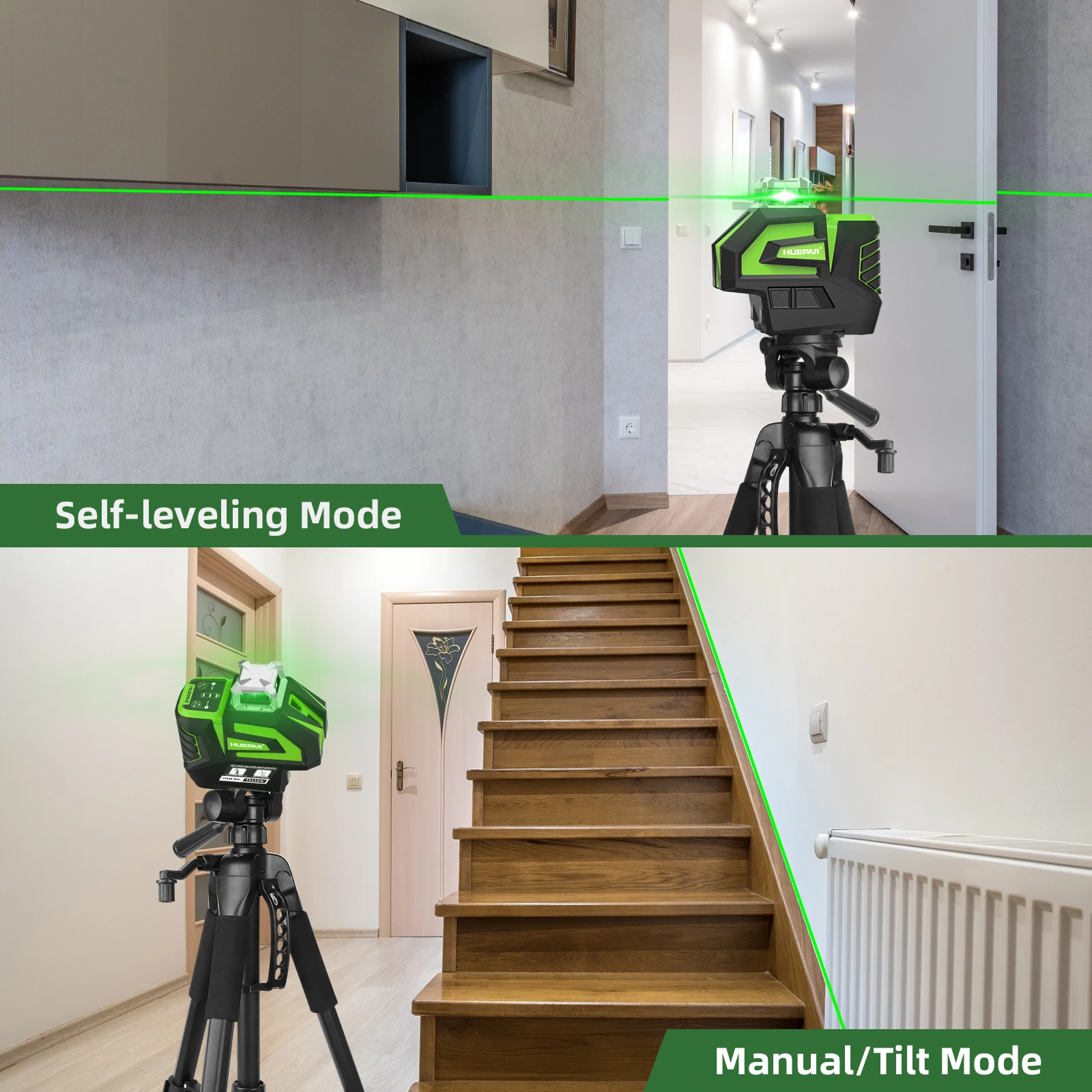 Imagem -05 - Huepar-laser Verde Nível Ferramenta Auto-nivelamento Cruz Linha Plumb Dots Li-ion Bateria 360 ° Linha Horizontal Fan Angle 7211cg