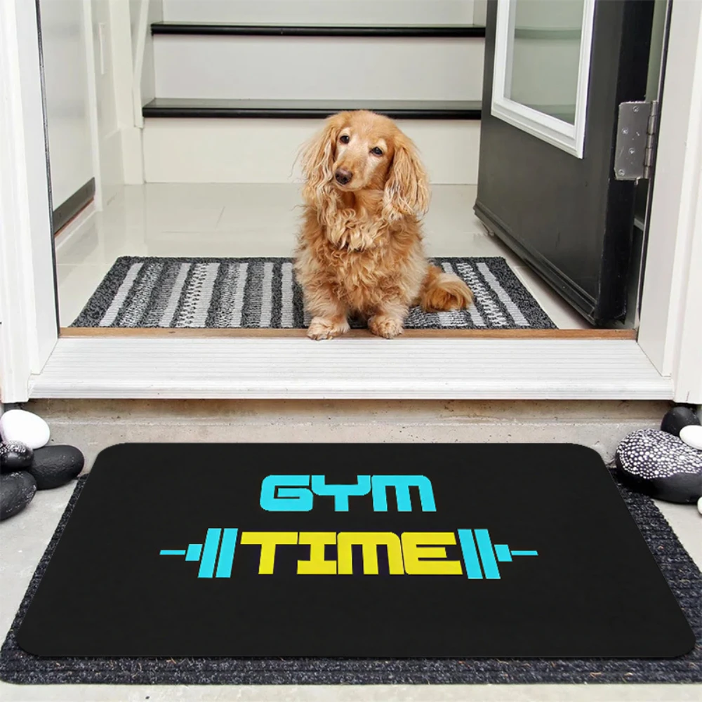 Indoor Welcome Mat Gym Time Dumbbell Fitness Letter Print indoor entry foyer workout space lounge decorative floor Mat