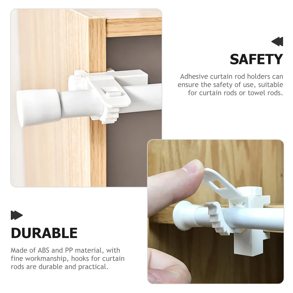 Curtain Rod Holders Hooks for Rods Clip-On Bracket Adjustable No Drill Brackets Self Adhesive Curtains White