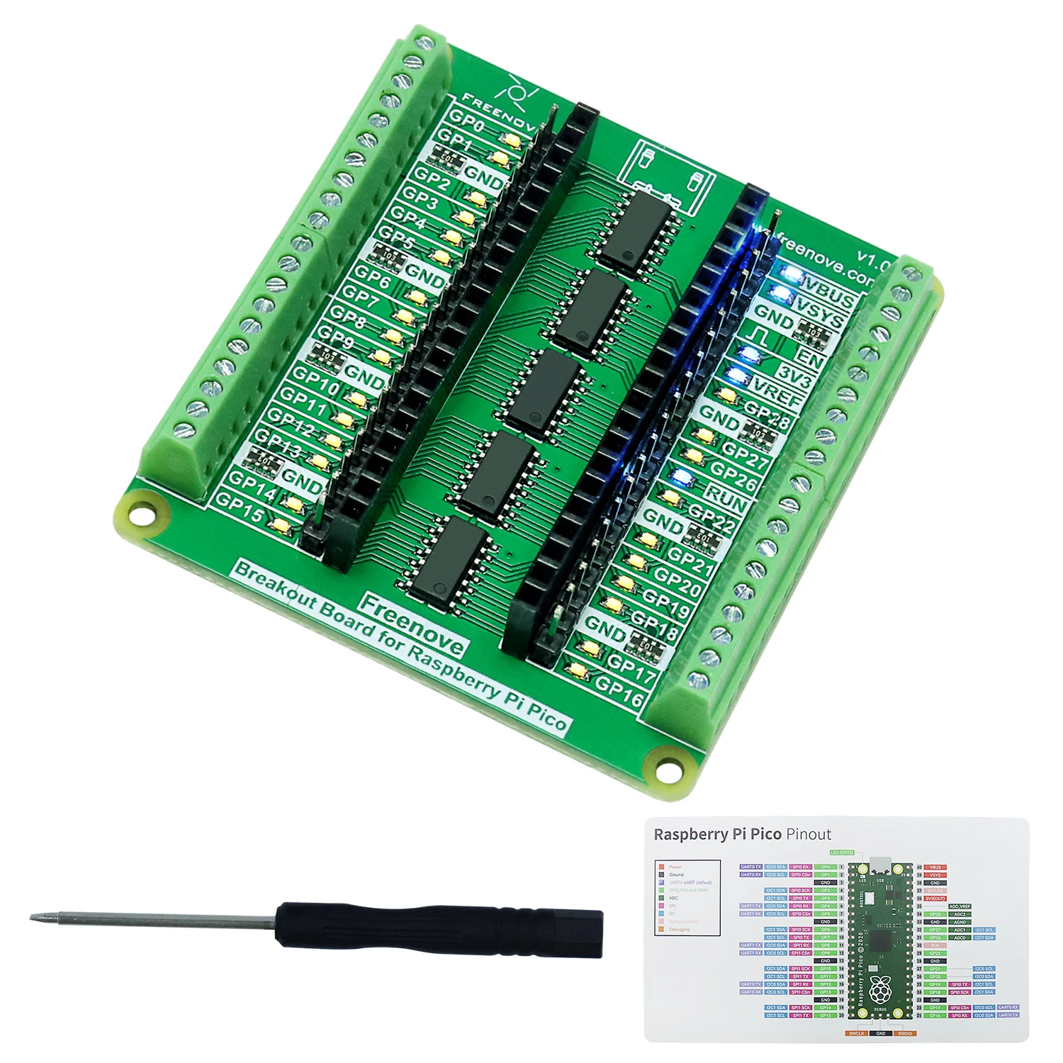 Freenove Breakout Board for Raspberry Pi Pico / Pico H / Pico W, Terminal Block Shield with Pin Header, GPIO Status LED