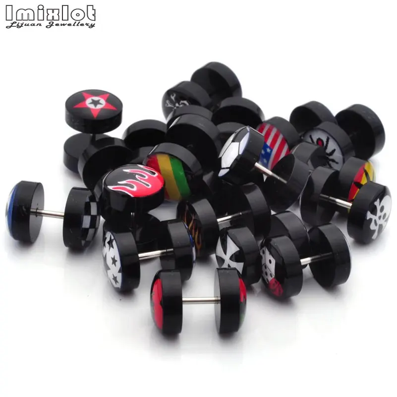 6pairs=12pcs Punk Double Sided Enamel Round Ear Stud Earrings For Women Men Dumbbells Barbell Piercing Jewelry