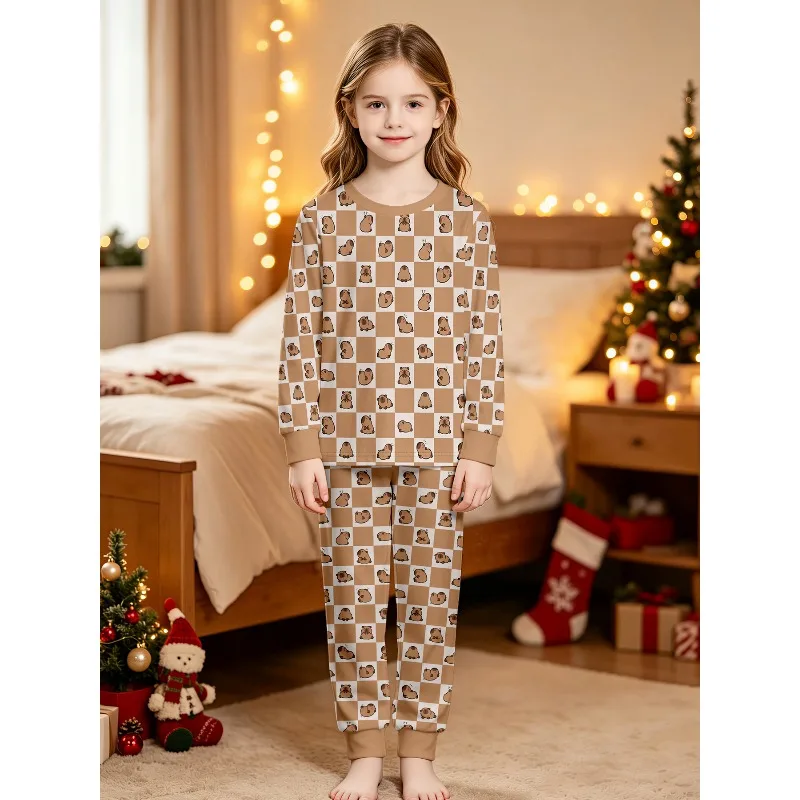 Girls Long Sleeve Crew Neck Pajama Set, Assorted Capybara Pumpkin Ghost Leopard Cow Prints, Perfect Birthday Xmas Gift