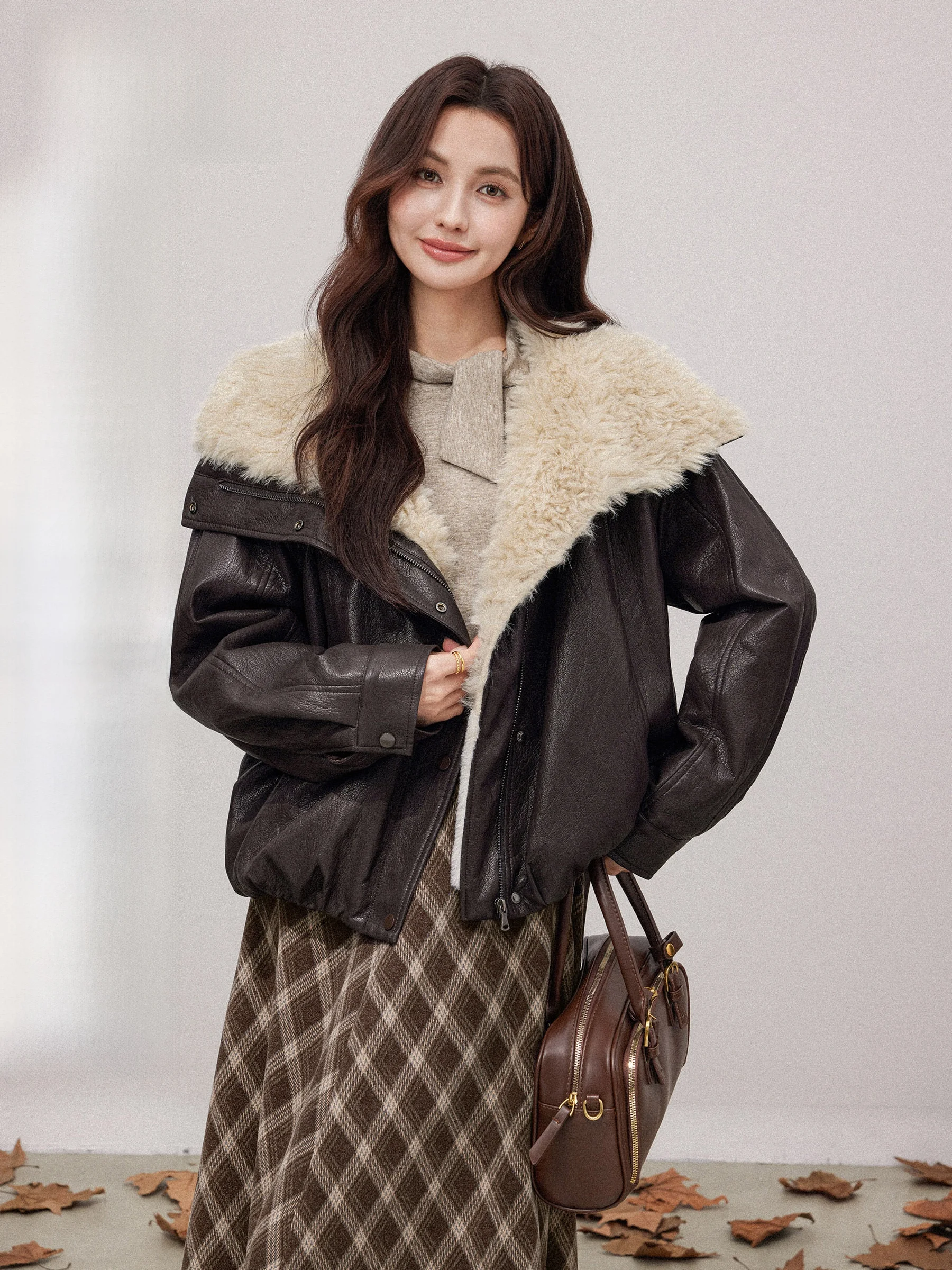 

Women's Biker Sle Fce Lined Thiened PU Leather Jaet Vintage Coffee Color Stand Collar Casual Loose Fit Outerwear