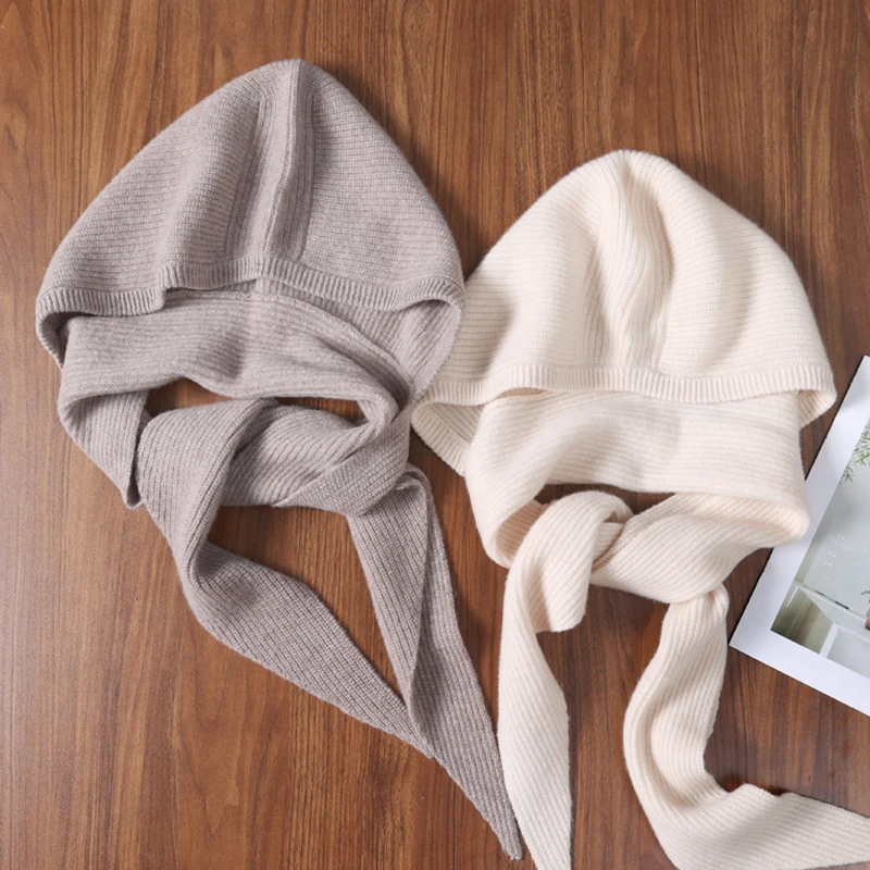 

Женская шаль с капюшоном из 100% чистой шерсти, осень-зима, новая мода, универсальный однотонный вязаный шарф, теплый утеплитель для шеи