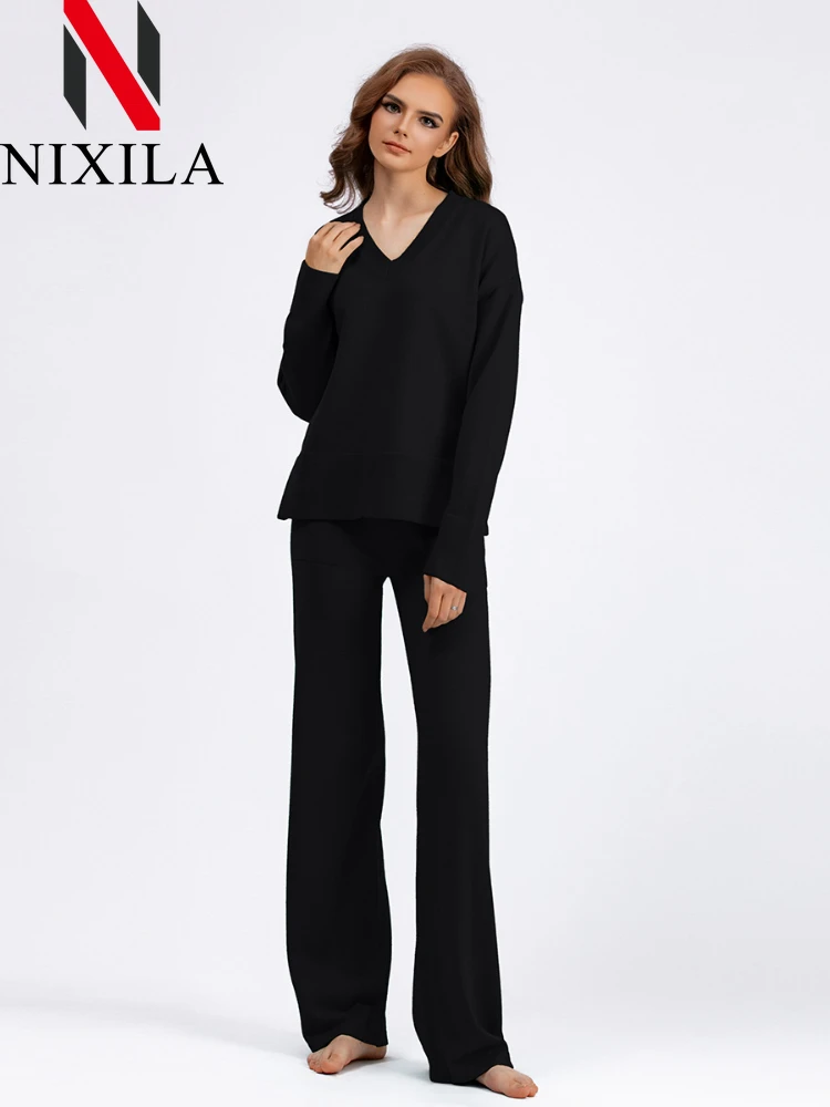 New In Winter Autumn Sweater 2 Piece Sets Womens Outfits Warm V-Neck Pullover Straight Jogging Pant Suits Casual Tracksuit Women