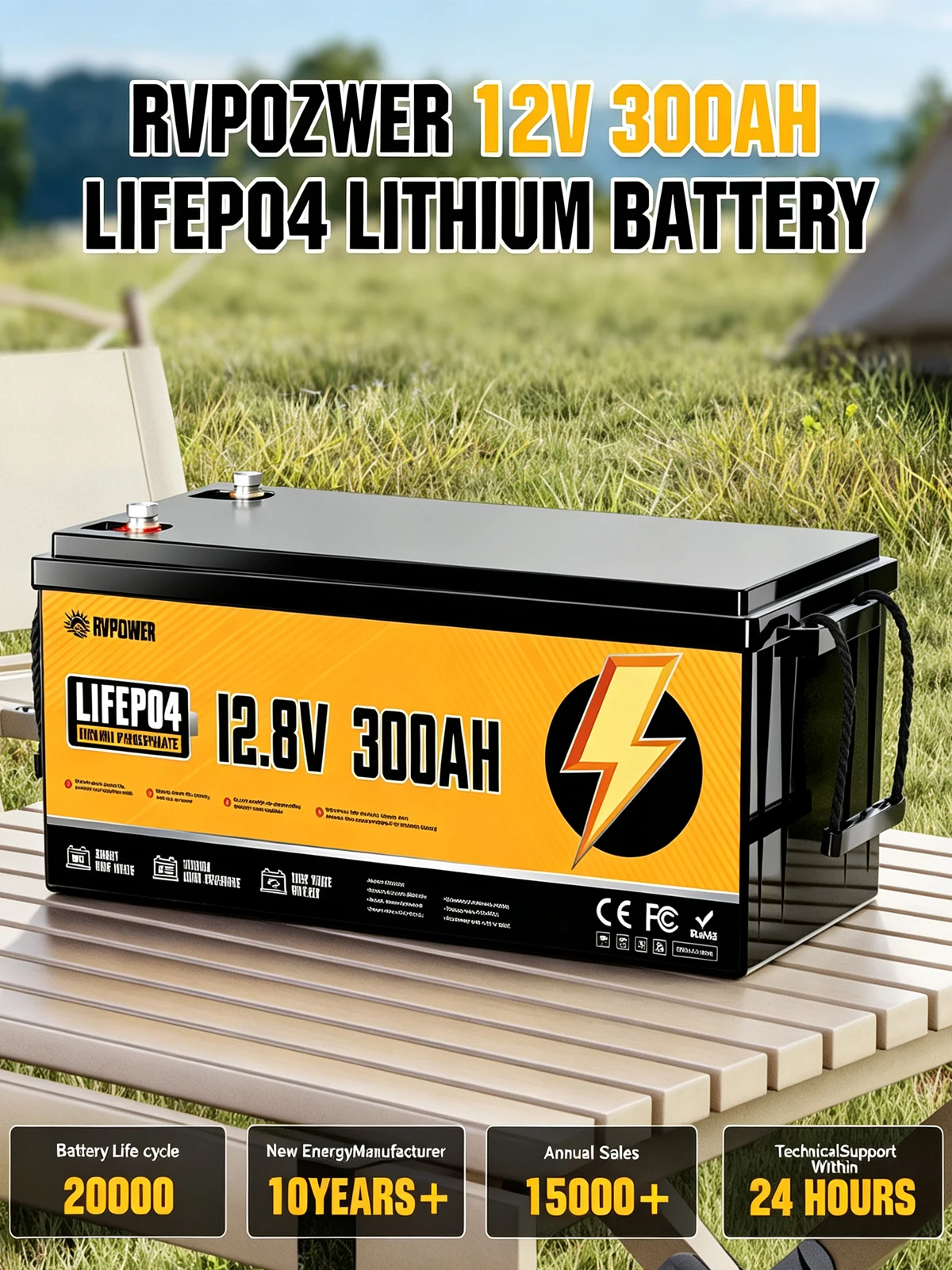 RVPOZWER 12V 300Ah LiFePO4 Batterie mit integriertem 200A BMS, 18000 Deep Cycles, Gruppe 31, leichte Lithium-Eisen-Batterie für Heimenergie, Wohnmobile, Trolling-Motoren, Solaranlagen, netzunabhängige