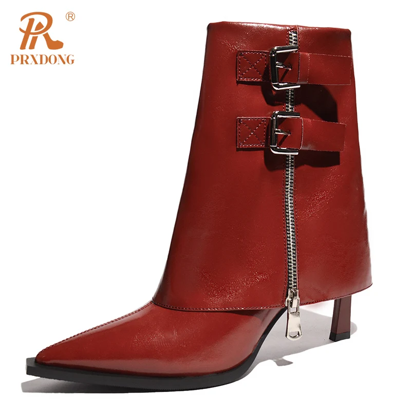 

PRXDONG Women's Ankle Boots New Sexy High Heels Genuine Leather Autumn WInter Warm Shoes Pointed Toe Black Red Dress Party 34-39