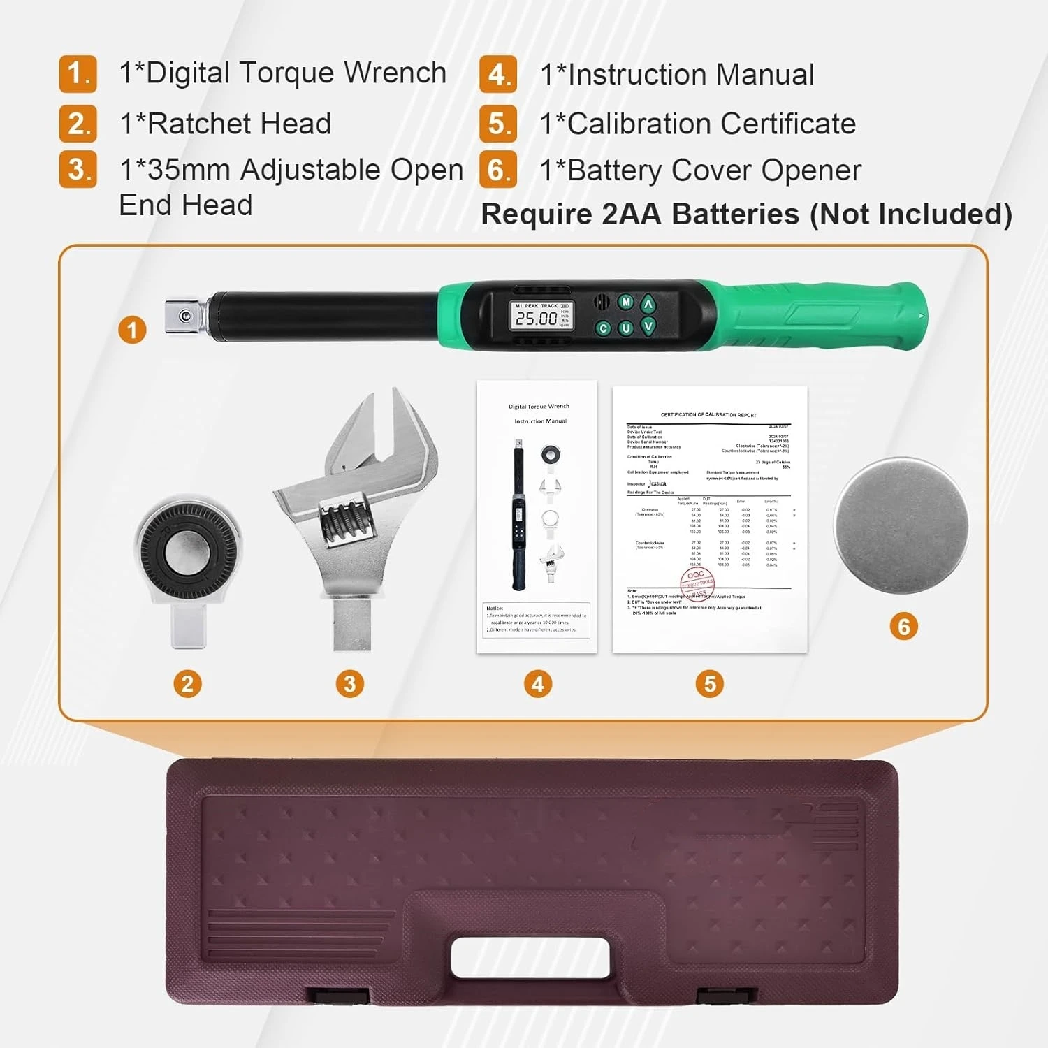 TLF Adjustable Digital Torque Wrench 5-99.6ft.lbs/6.8-135N.m 3/8"  Ratchet Head 5-35mm Jaw Buzzer and LED for Car Moto Repair