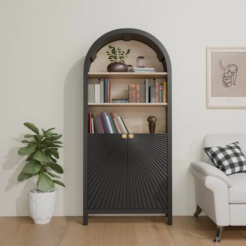 

61" Tall Arched Cabinet, Bookcase with Storage, Mid-Century Modern 5-Tier Bookshelf with Door, Black Finish