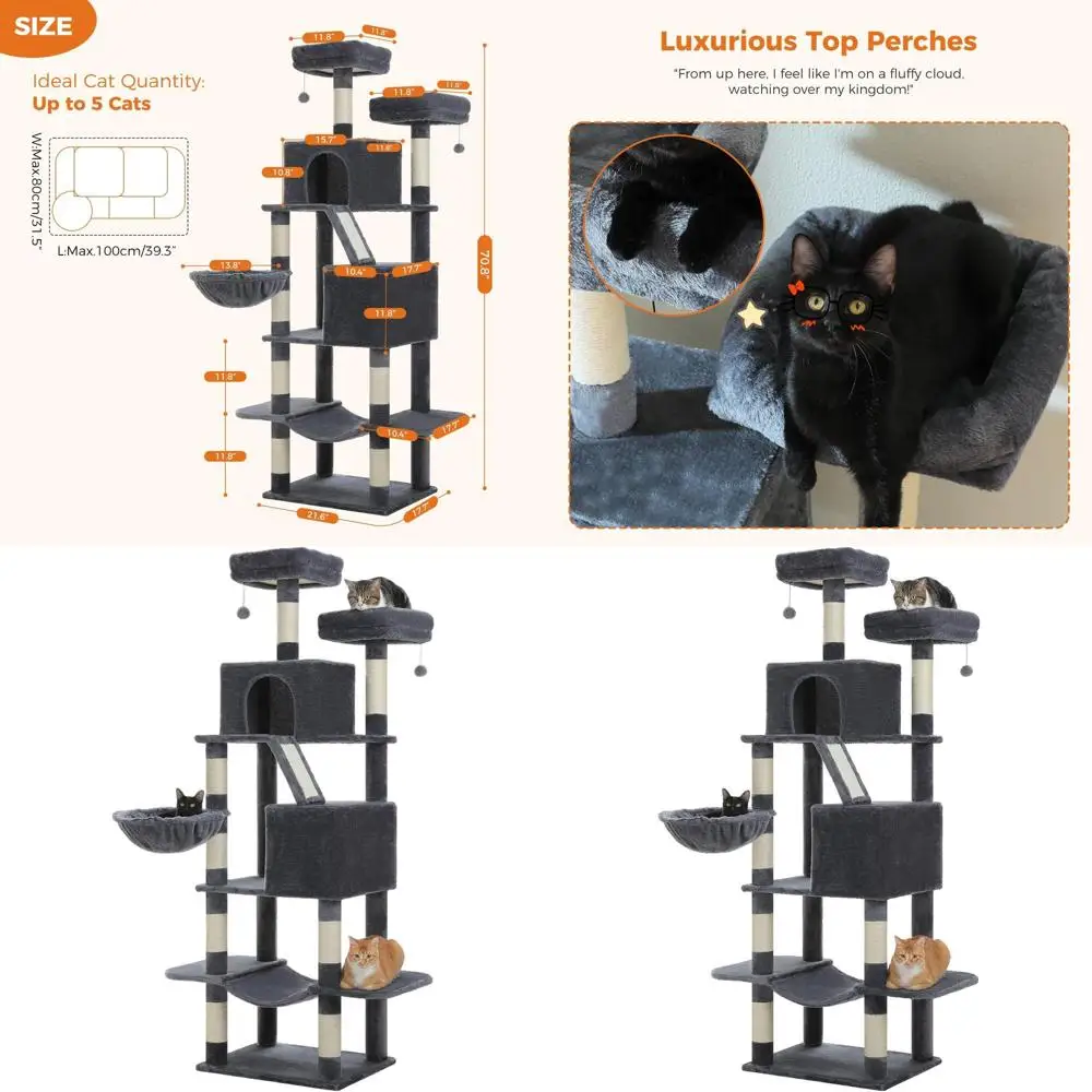 

70.8 High Large Cat Tower with 8 Sisal Posts, 2 Perches, Condo, Hammock, Dark Gray