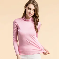 Spring Women Silk High Neck Bottoming Blouse Women's Pullover Long Sleeve T-shirt Mulberry Silk Knitting Women's Top 7047