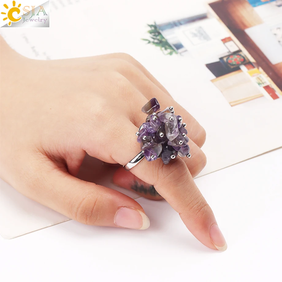 CSJA Natural Stone Ring for Women Reiki Pink Fluorite Quartz Chip Bead Handmade Flower Finger Rings Jewelry H321