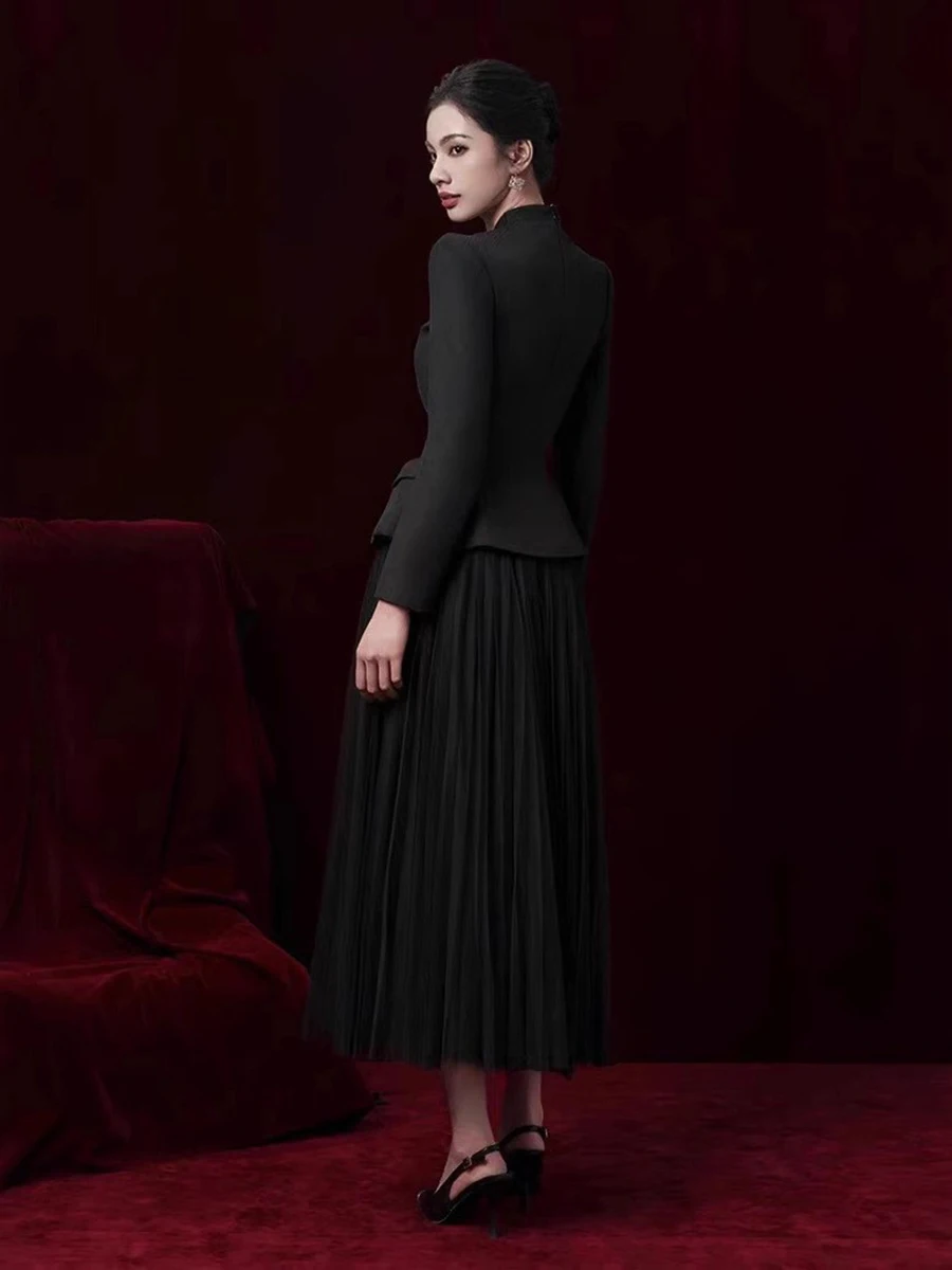 VGH Elegante afslankende tweedelige sets voor vrouwen V-hals met lange mouwen Top Hoge taille Gedrapeerde chiffon rok Chique set Vrouwelijke mode Nieuw