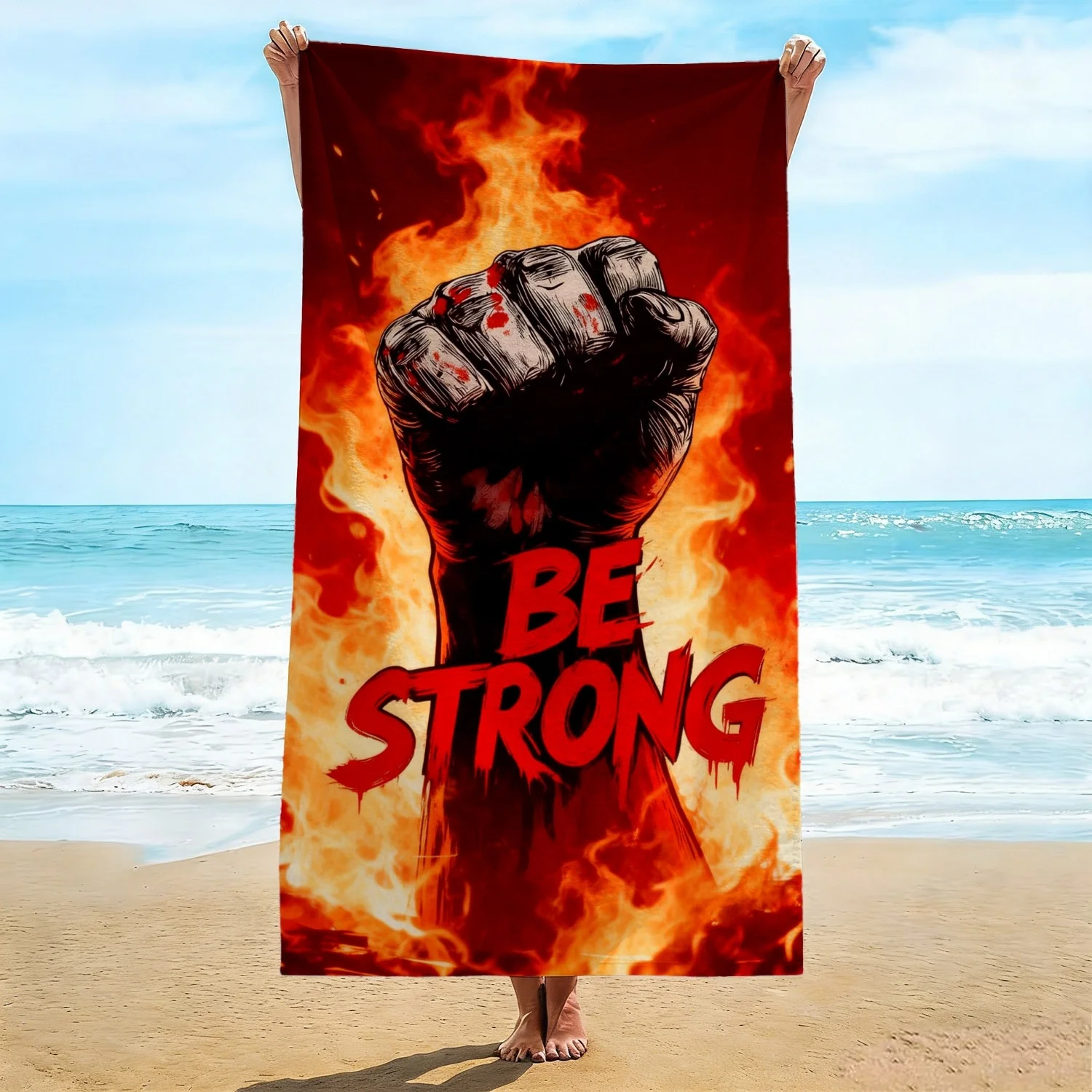 Bold Red Flame Beach Towel, Fiery Fist with 