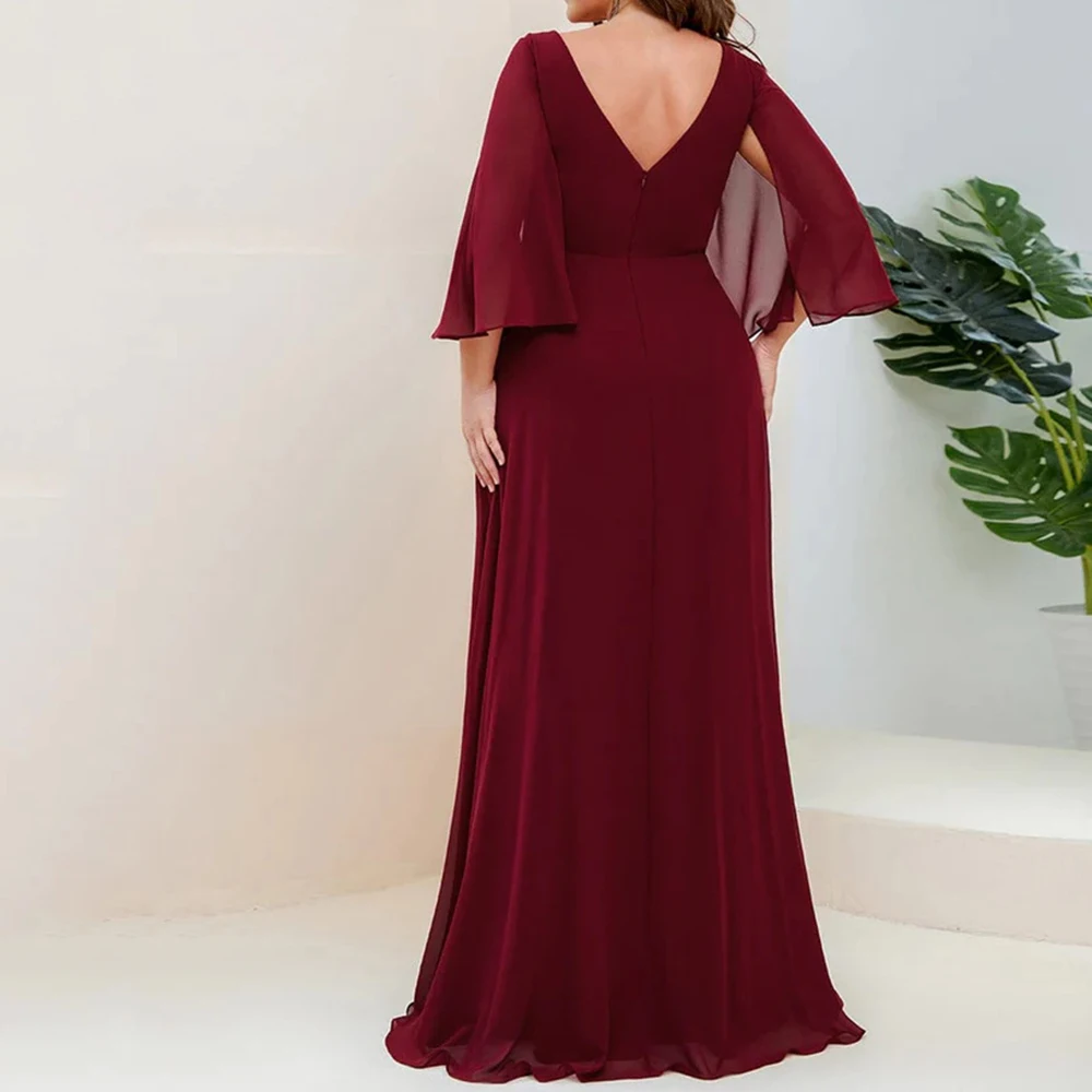 Nova mãe plissada da noiva vestidos v-neck babados floor-lengt casamento mãe vestidos simples sem costas 3/4 mangas vestido tamanhos grandes