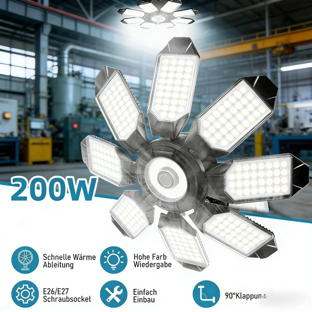 

Деформируемый светодиодный светильник для гаража 8+1, 200 Вт, 4800 лм, 6500K, складные панели, E26/E27, потолочный светильник для гаража, мастерской, склада, подвала