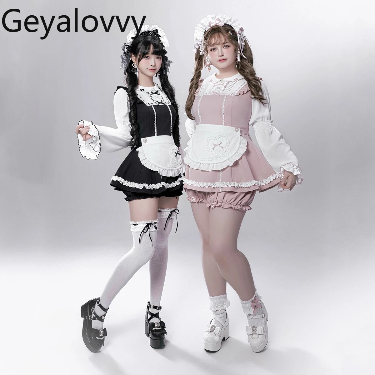 

Japanese Style Maid Detachable Apron Sweet Set Color Block Doll Collar Long Sleeve Slimming Top and Base Shorts Outfits