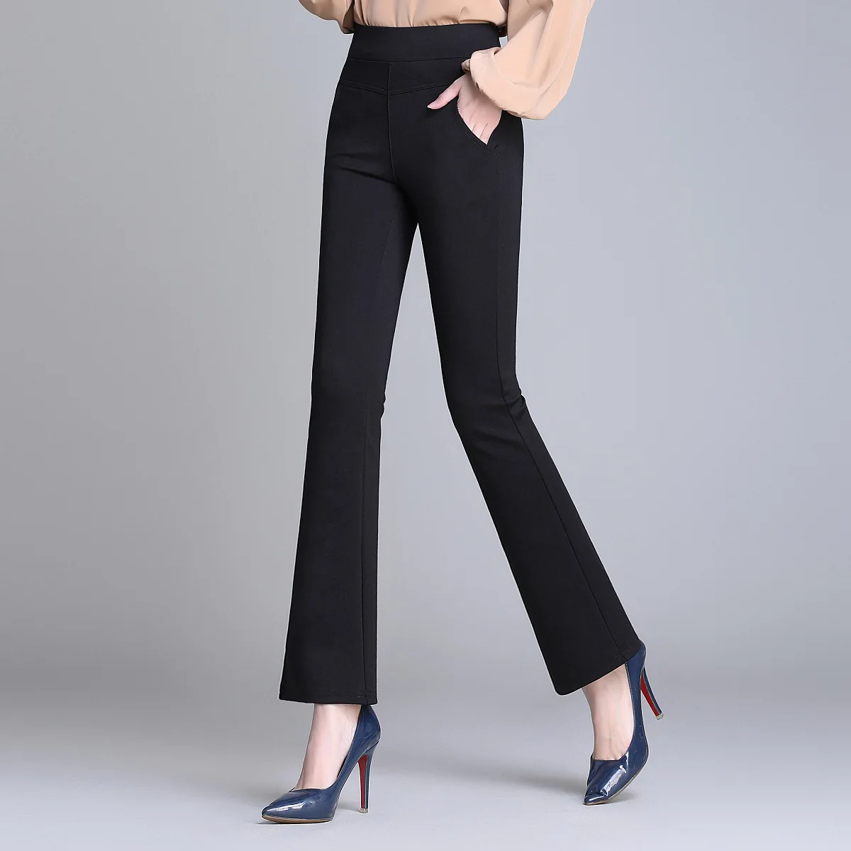 Winter Women's Lined High-Waist Work Pants Black Slimming Casual Multi-Functional Trousers Flared Pants