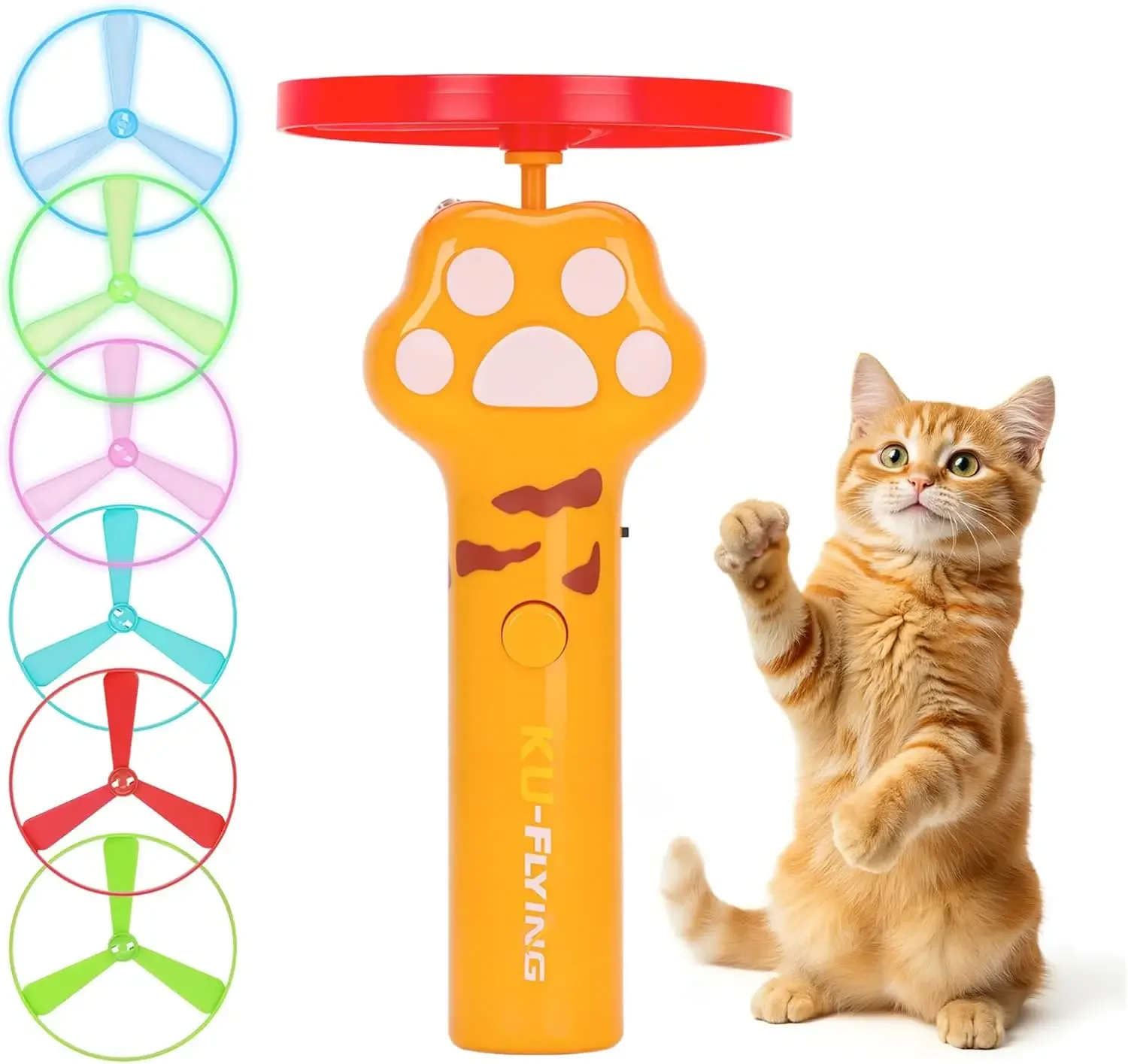 Cat Chase Fetch Toy Rechargeable Disc Launcher with 6 Flying Spinners Interactive Pet Hunting Toys Indoor Outdoor Yard Cats Dog